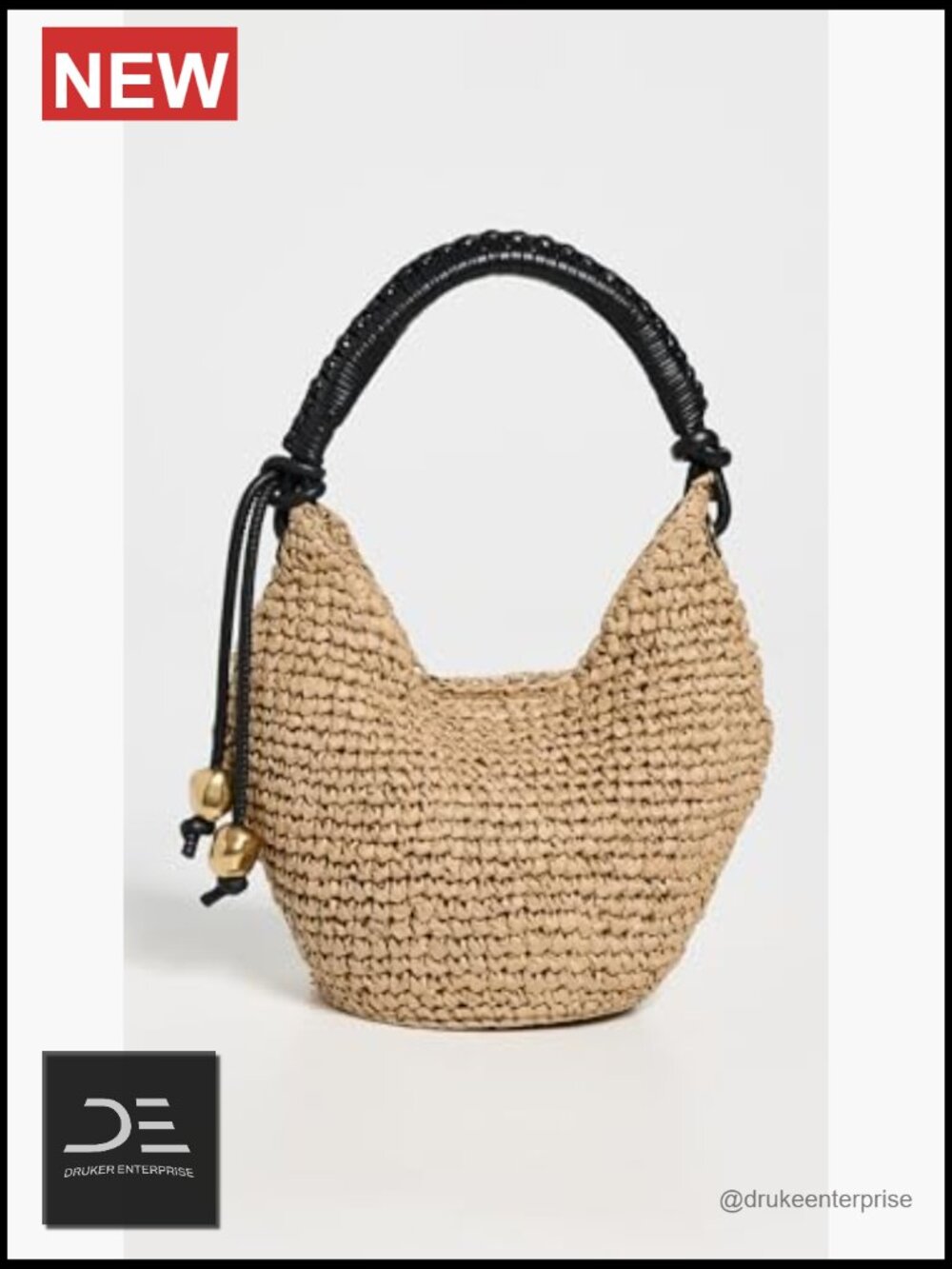 Woven Straw Mini Pouch Shoulder Bag with Gold-Tone Bead Accents - Picture 4 of 7